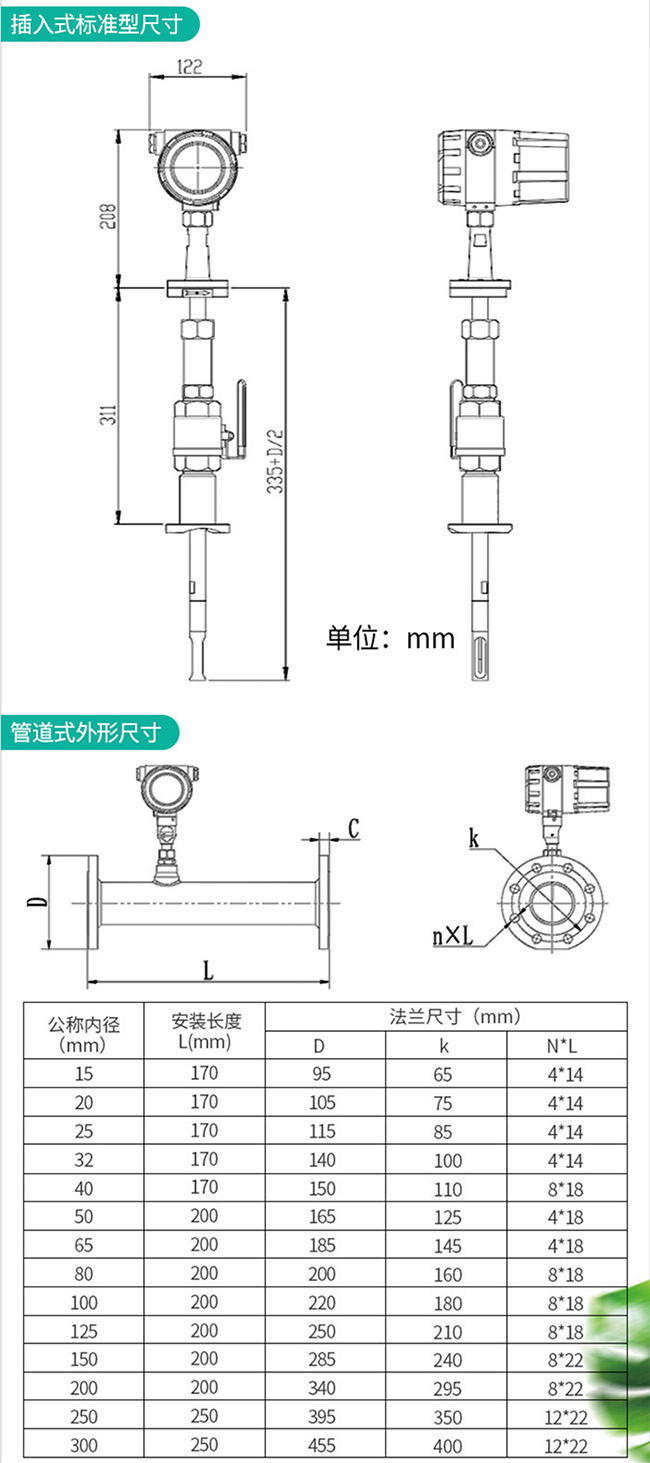 分體型熱式氣體流量計外形結(jié)構(gòu)尺寸圖